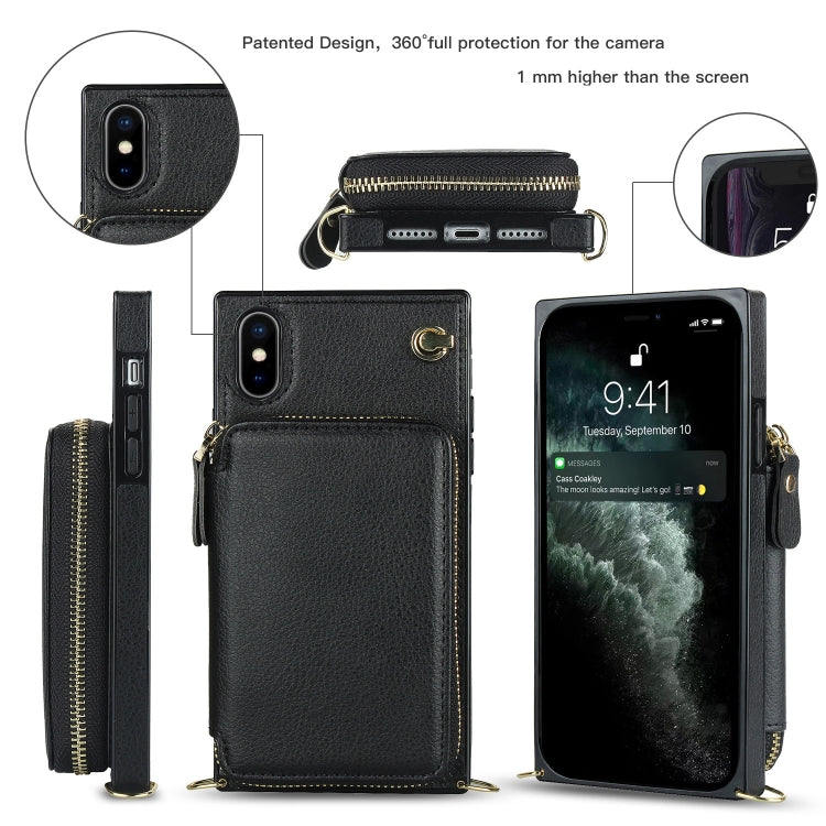For iPhone X / XS Cross-body Zipper Big Wallet Bag Square TPU+PU Back Cover Case with Holder & Card Slots & Wallet & Strap