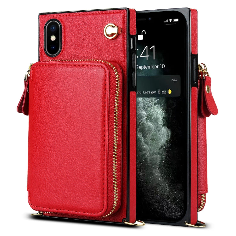For iPhone X / XS Cross-body Zipper Big Wallet Bag Square TPU+PU Back Cover Case with Holder & Card Slots & Wallet & Strap