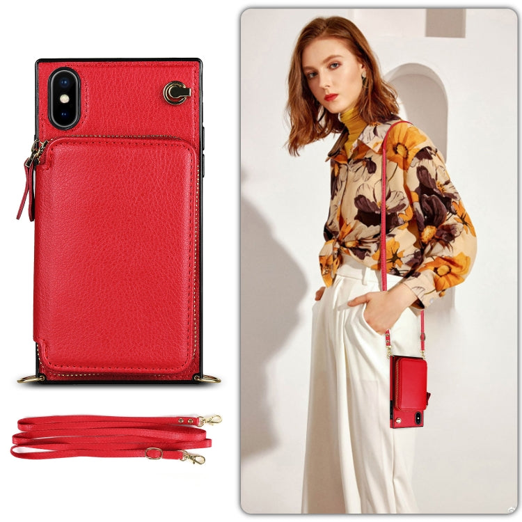 For iPhone X / XS Cross-body Zipper Big Wallet Bag Square TPU+PU Back Cover Case with Holder & Card Slots & Wallet & Strap