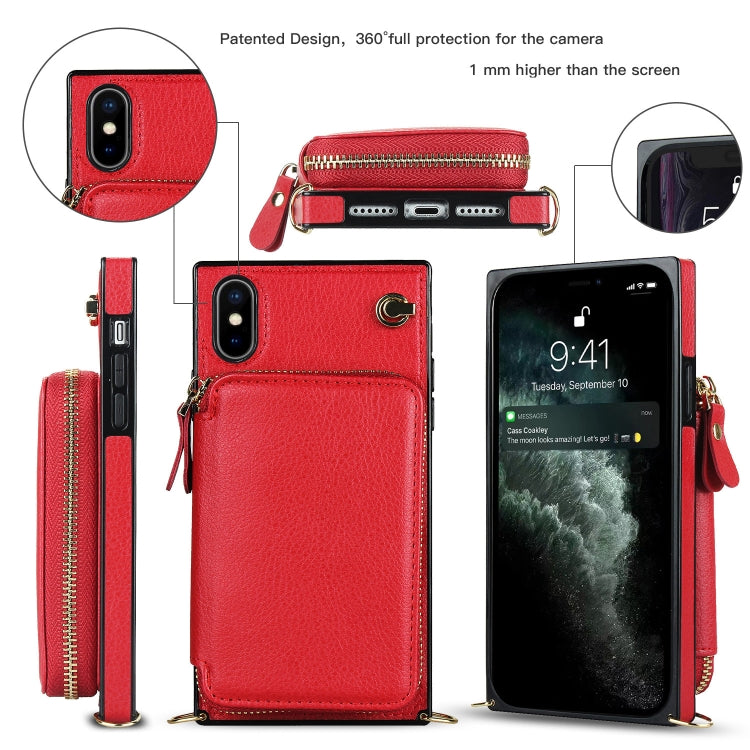 For iPhone X / XS Cross-body Zipper Big Wallet Bag Square TPU+PU Back Cover Case with Holder & Card Slots & Wallet & Strap