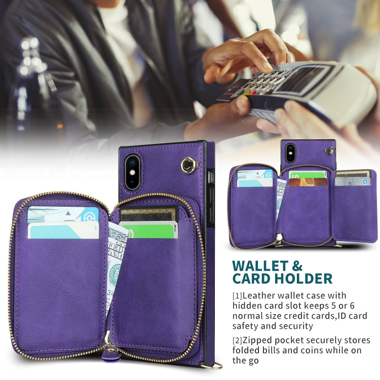 For iPhone X / XS Cross-body Zipper Big Wallet Bag Square TPU+PU Back Cover Case with Holder & Card Slots & Wallet & Strap