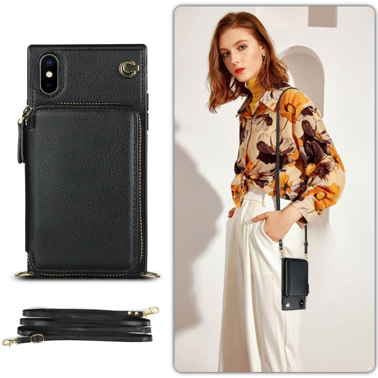 For iPhone XS Max Cross-body Zipper Big Wallet Bag Square TPU+PU Back Cover Case with Holder & Card Slots & Wallet & Strap
