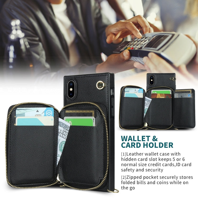 For iPhone XS Max Cross-body Zipper Big Wallet Bag Square TPU+PU Back Cover Case with Holder & Card Slots & Wallet & Strap
