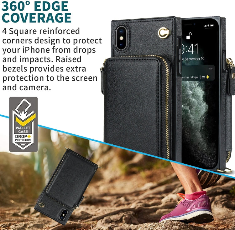 For iPhone XS Max Cross-body Zipper Big Wallet Bag Square TPU+PU Back Cover Case with Holder & Card Slots & Wallet & Strap