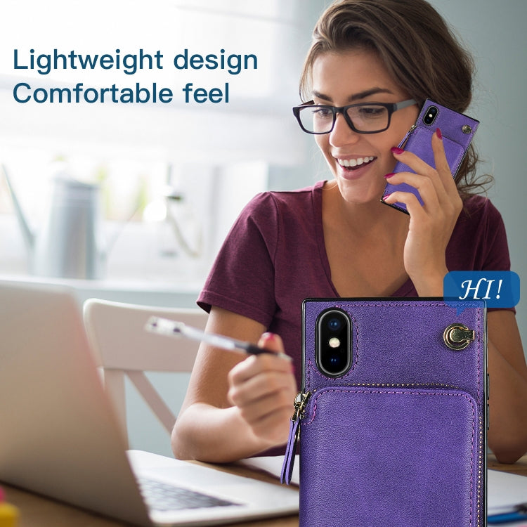 For iPhone XS Max Cross-body Zipper Big Wallet Bag Square TPU+PU Back Cover Case with Holder & Card Slots & Wallet & Strap