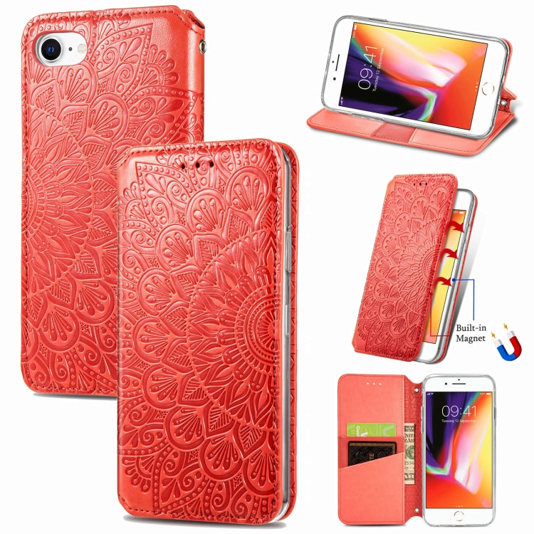 For iPhone SE 2022 / SE 2020 / 8 / 7 Blooming Mandala Embossed Pattern Magnetic Horizontal Flip Leather Case with Holder & Card Slots & Wallet