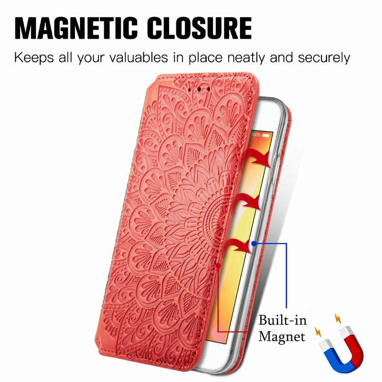 For iPhone SE 2022 / SE 2020 / 8 / 7 Blooming Mandala Embossed Pattern Magnetic Horizontal Flip Leather Case with Holder & Card Slots & Wallet