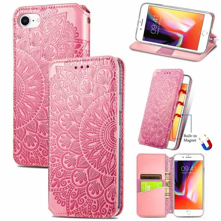For iPhone SE 2022 / SE 2020 / 8 / 7 Blooming Mandala Embossed Pattern Magnetic Horizontal Flip Leather Case with Holder & Card Slots & Wallet