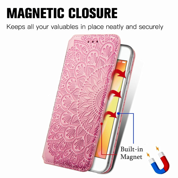 For iPhone SE 2022 / SE 2020 / 8 / 7 Blooming Mandala Embossed Pattern Magnetic Horizontal Flip Leather Case with Holder & Card Slots & Wallet