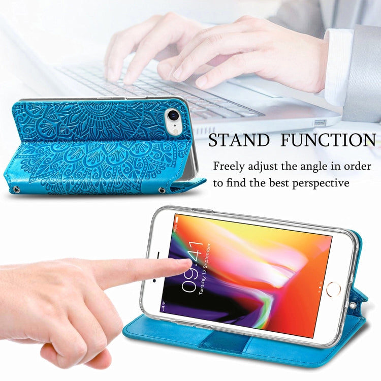 For iPhone SE 2022 / SE 2020 / 8 / 7 Blooming Mandala Embossed Pattern Magnetic Horizontal Flip Leather Case with Holder & Card Slots & Wallet