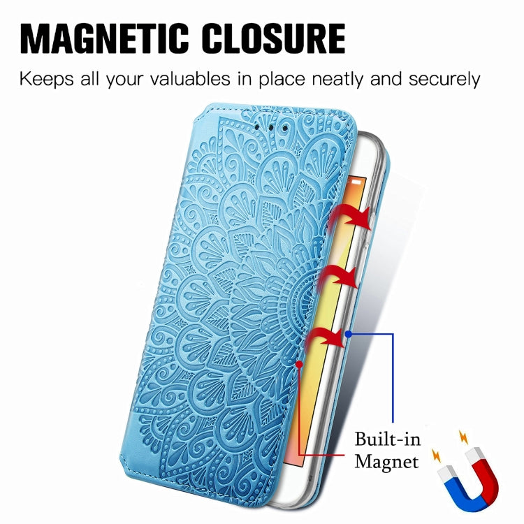 For iPhone SE 2022 / SE 2020 / 8 / 7 Blooming Mandala Embossed Pattern Magnetic Horizontal Flip Leather Case with Holder & Card Slots & Wallet