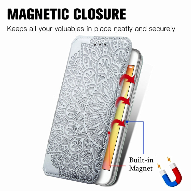 For iPhone SE 2022 / SE 2020 / 8 / 7 Blooming Mandala Embossed Pattern Magnetic Horizontal Flip Leather Case with Holder & Card Slots & Wallet