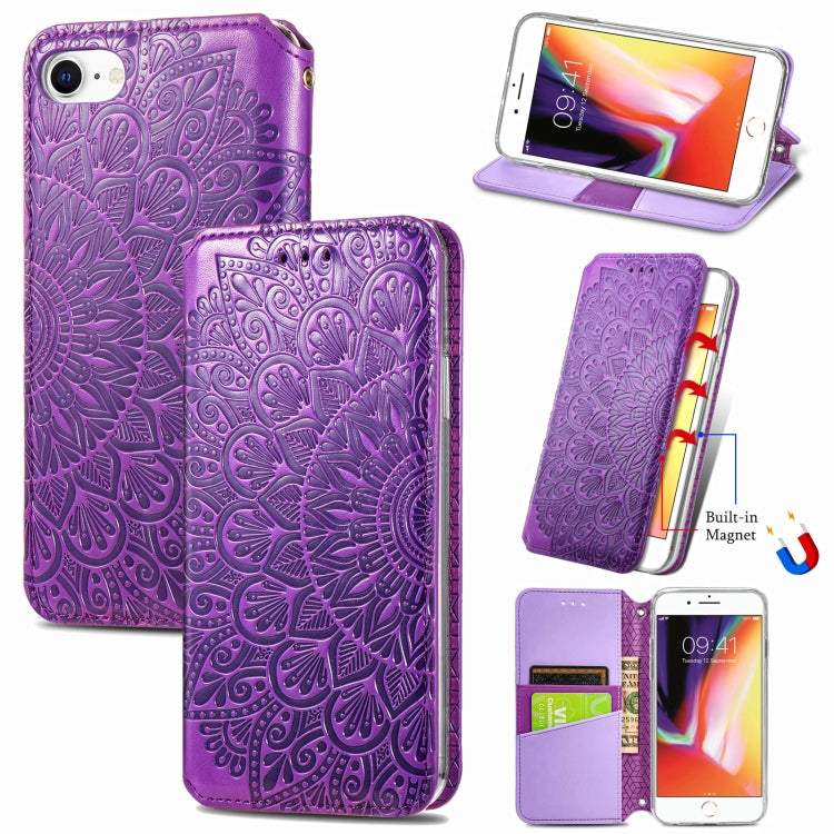 For iPhone SE 2022 / SE 2020 / 8 / 7 Blooming Mandala Embossed Pattern Magnetic Horizontal Flip Leather Case with Holder & Card Slots & Wallet
