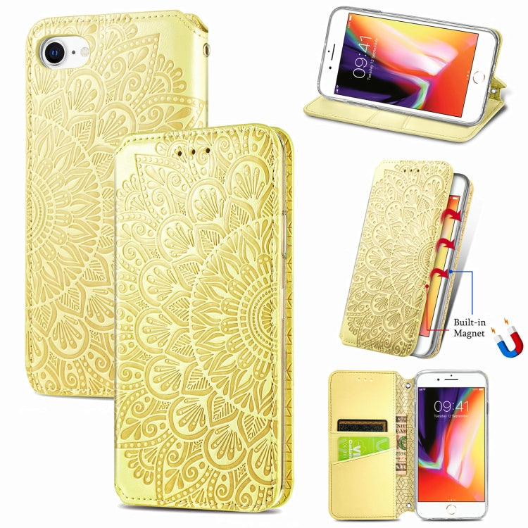 For iPhone SE 2022 / SE 2020 / 8 / 7 Blooming Mandala Embossed Pattern Magnetic Horizontal Flip Leather Case with Holder & Card Slots & Wallet