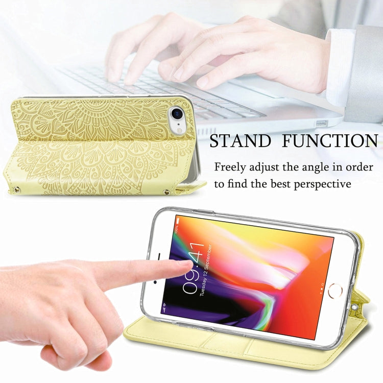For iPhone SE 2022 / SE 2020 / 8 / 7 Blooming Mandala Embossed Pattern Magnetic Horizontal Flip Leather Case with Holder & Card Slots & Wallet