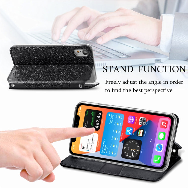 For iPhone XR Blooming Mandala Embossed Pattern Magnetic Horizontal Flip Leather Case with Holder & Card Slots & Wallet