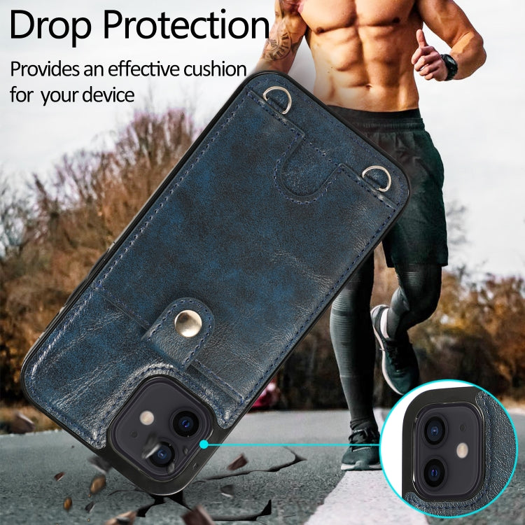 For iPhone 12 mini Shockproof PU Leather + TPU Protective Case with Card Slot & Lanyard