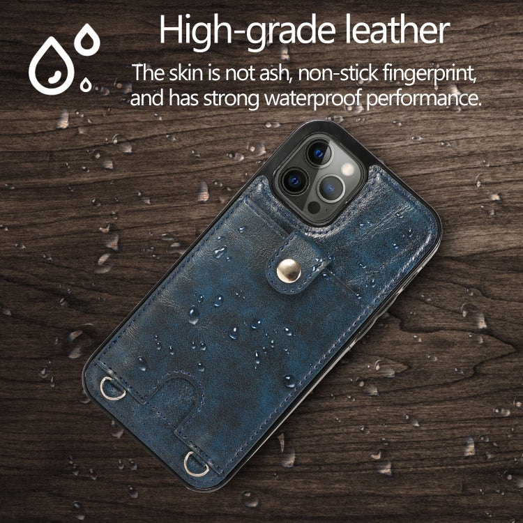 For iPhone 12 / 12 Pro Shockproof PU Leather + TPU Protective Case with Card Slot & Lanyard