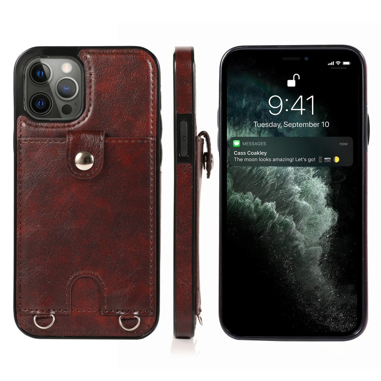 For iPhone 12 / 12 Pro Shockproof PU Leather + TPU Protective Case with Card Slot & Lanyard