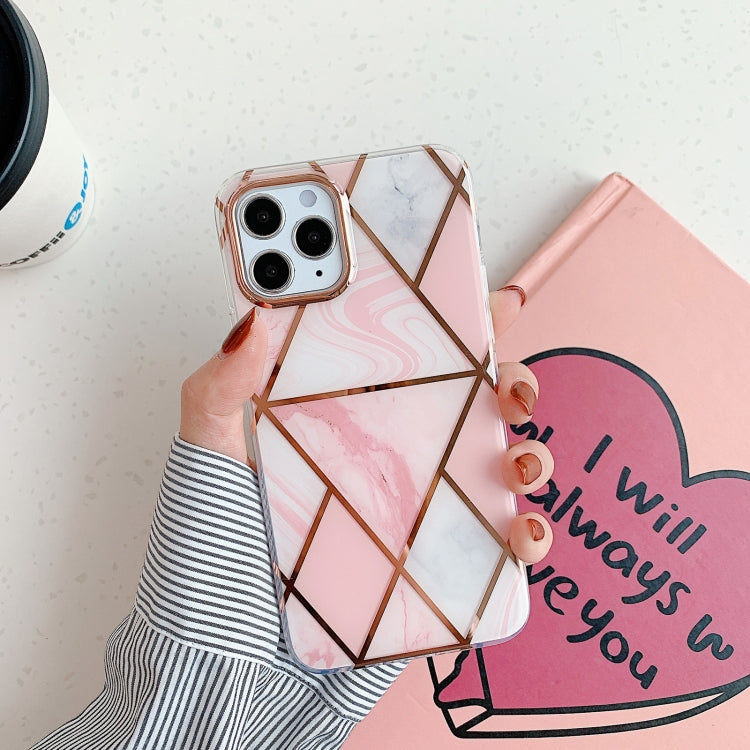 For iPhone 11 Golden Circle Plating Triangle Stitching Marble Pattern Dual-side Laminating TPU Case