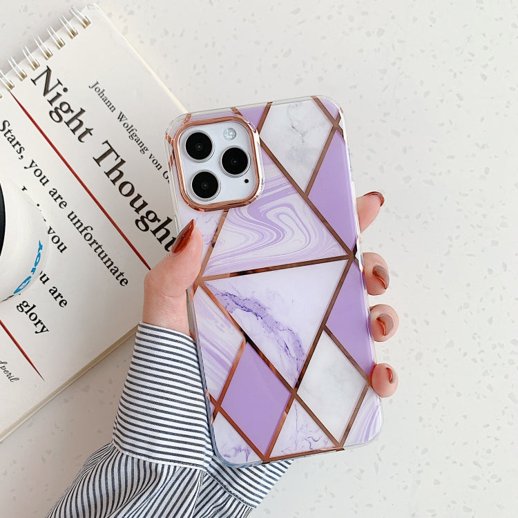 For iPhone 11 Pro Max Golden Circle Plating Triangle Stitching Marble Pattern Dual-side Laminating TPU Case