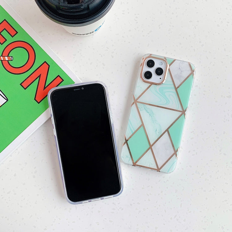 For iPhone 11 Pro Max Golden Circle Plating Triangle Stitching Marble Pattern Dual-side Laminating TPU Case