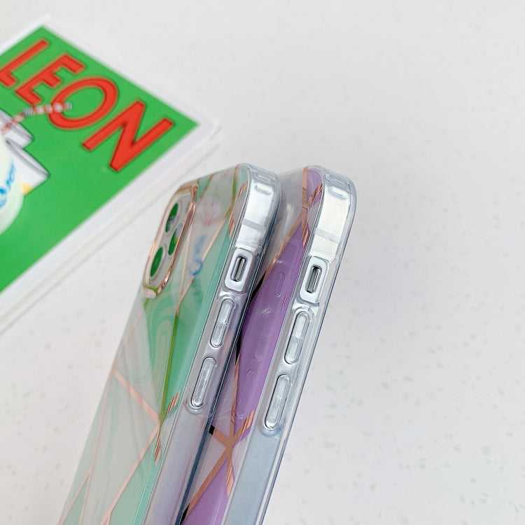 For iPhone 11 Pro Max Golden Circle Plating Triangle Stitching Marble Pattern Dual-side Laminating TPU Case