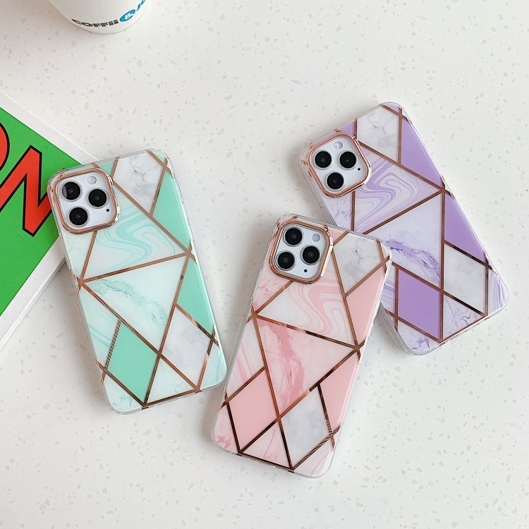 For iPhone 12 / 12 Pro Golden Circle Plating Triangle Stitching Marble Pattern Dual-side Laminating TPU Case