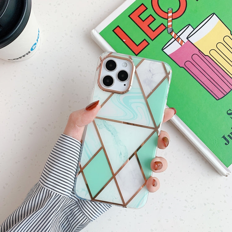For iPhone 12 Pro Max Golden Circle Plating Triangle Stitching Marble Pattern Dual-side Laminating TPU Case