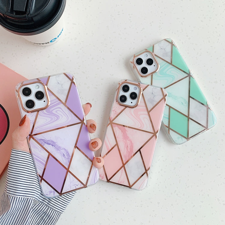 For iPhone 12 Pro Max Golden Circle Plating Triangle Stitching Marble Pattern Dual-side Laminating TPU Case