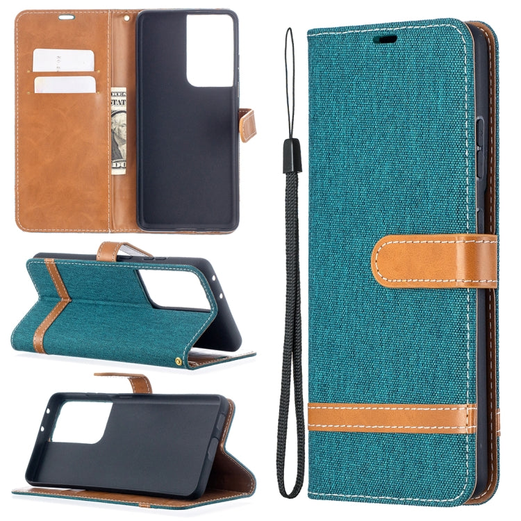 For Samsung Galaxy S21 Ultra 5G Color Matching Denim Texture Horizontal Flip Leather Case with Holder & Card Slots & Wallet & Lanyard