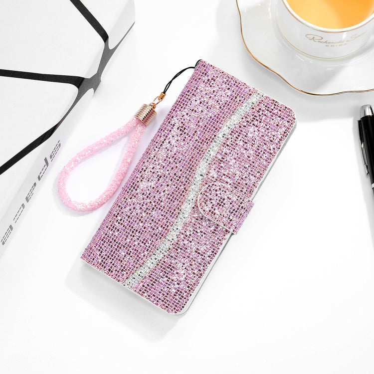 For Samsung Galaxy A42 Glitter Powder Horizontal Flip Leather Case with Card Slots & Holder & Lanyard