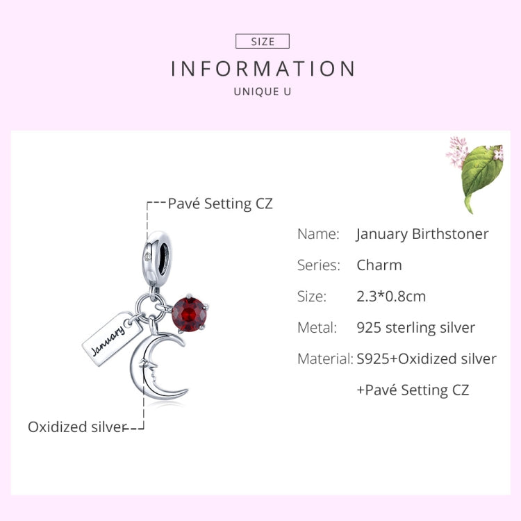 S925 Sterling Silver January Birth Stone Sign Moon Pendant DIY Bracelet Necklace Accessories