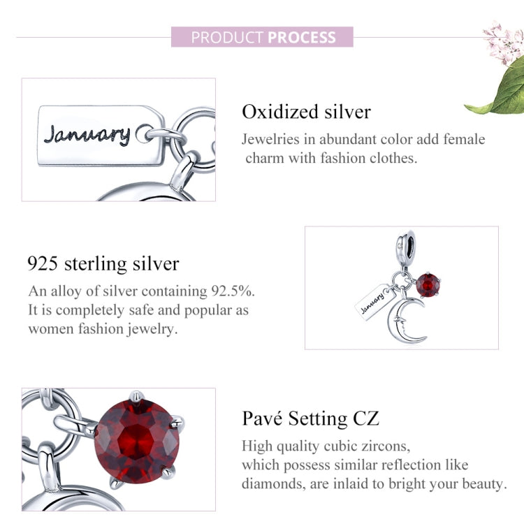 S925 Sterling Silver January Birth Stone Sign Moon Pendant DIY Bracelet Necklace Accessories