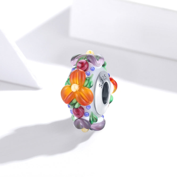 S925 Sterling Silver Colorful Flowers Embossed Orange Colored Glass Beads DIY Bracelet Necklace Accessories
