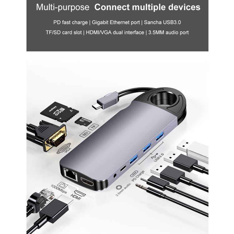 HW-TC28 10 In 1 USB 3.0 x3 + HDMI + VGA + SD + TF + PD + Ethernet Port + 3.5mm Port Multi-function Type-C / USB-C HUB Docking Station(Grey)