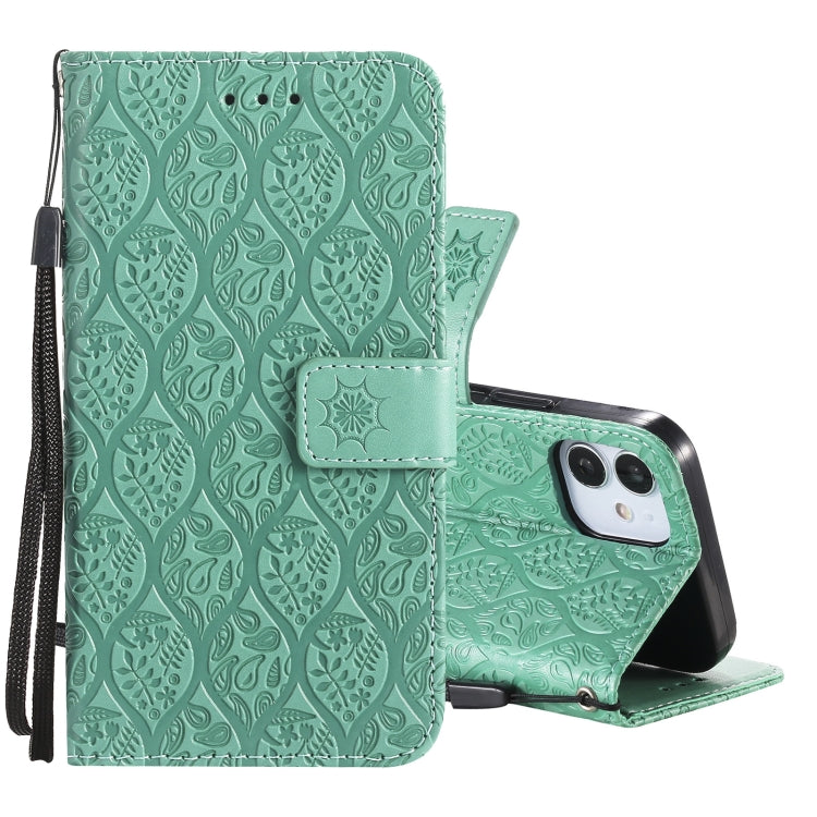 For iPhone 12 mini Pressed Printing Rattan Flower Pattern Horizontal Flip PU Leather Case with Holder & Card Slots & Wallet & Photo Frame
