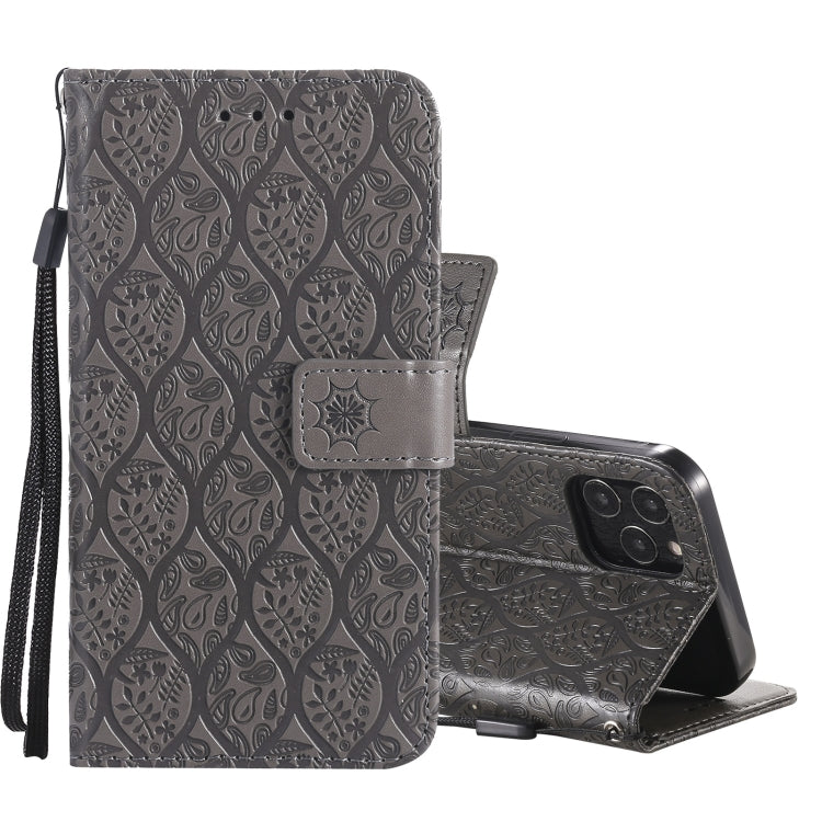 For iPhone 12 / 12 Pro Pressed Printing Rattan Flower Pattern Horizontal Flip PU Leather Case with Holder & Card Slots & Wallet & Photo Frame