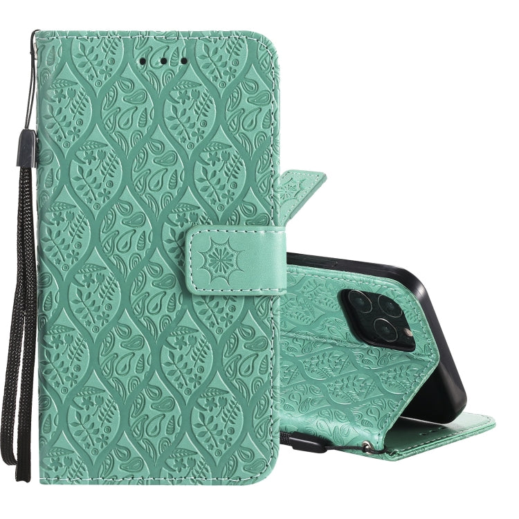 For iPhone 12 / 12 Pro Pressed Printing Rattan Flower Pattern Horizontal Flip PU Leather Case with Holder & Card Slots & Wallet & Photo Frame