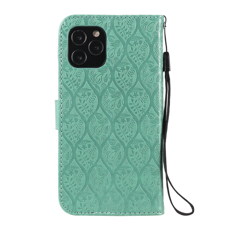 For iPhone 12 / 12 Pro Pressed Printing Rattan Flower Pattern Horizontal Flip PU Leather Case with Holder & Card Slots & Wallet & Photo Frame