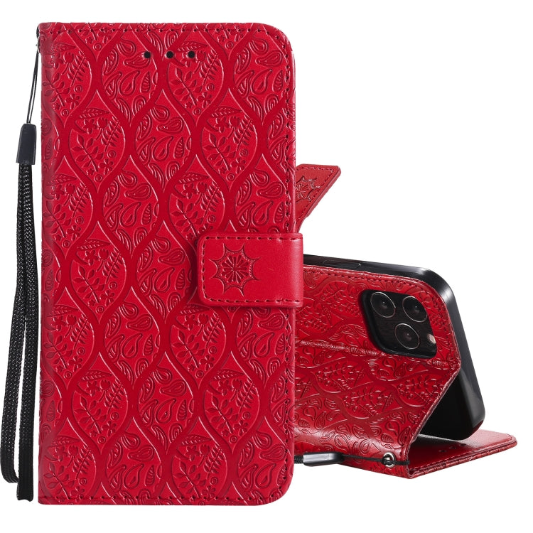 For iPhone 12 / 12 Pro Pressed Printing Rattan Flower Pattern Horizontal Flip PU Leather Case with Holder & Card Slots & Wallet & Photo Frame