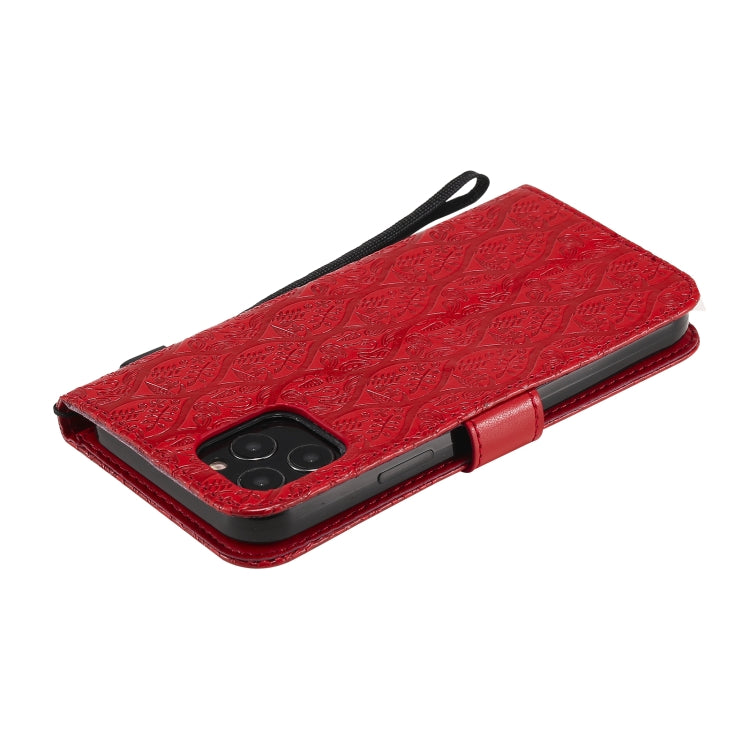 For iPhone 12 / 12 Pro Pressed Printing Rattan Flower Pattern Horizontal Flip PU Leather Case with Holder & Card Slots & Wallet & Photo Frame