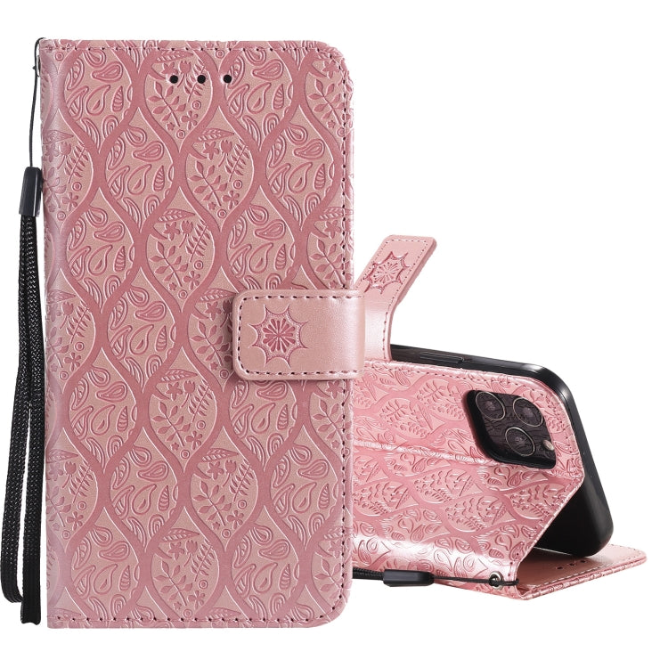 For iPhone 12 / 12 Pro Pressed Printing Rattan Flower Pattern Horizontal Flip PU Leather Case with Holder & Card Slots & Wallet & Photo Frame