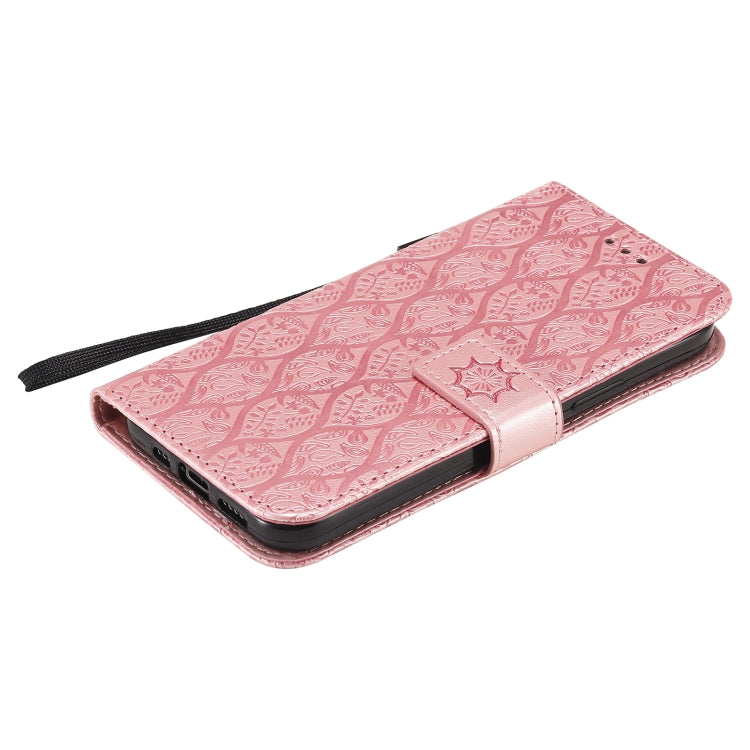 For iPhone 12 / 12 Pro Pressed Printing Rattan Flower Pattern Horizontal Flip PU Leather Case with Holder & Card Slots & Wallet & Photo Frame