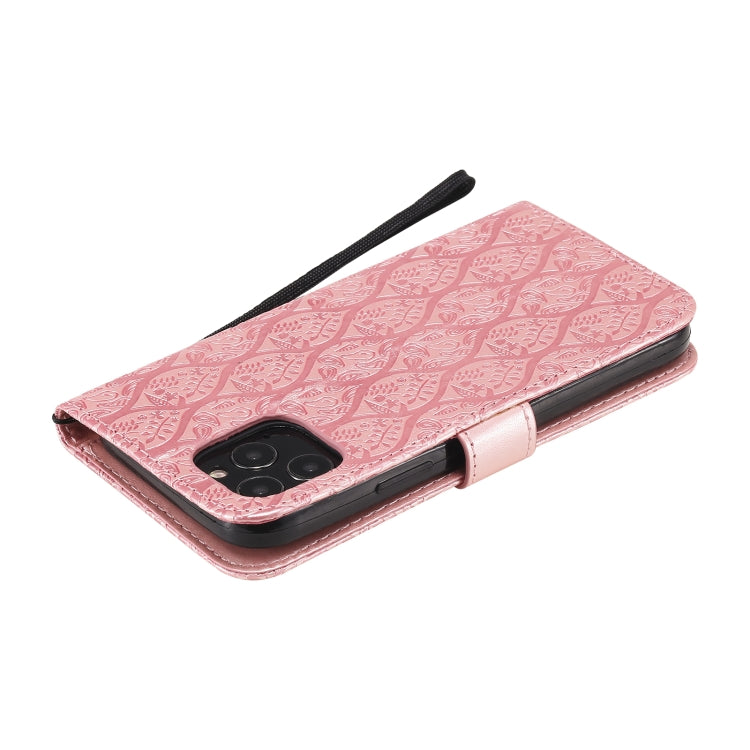 For iPhone 12 / 12 Pro Pressed Printing Rattan Flower Pattern Horizontal Flip PU Leather Case with Holder & Card Slots & Wallet & Photo Frame
