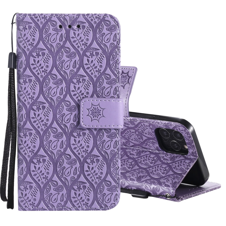 For iPhone 12 / 12 Pro Pressed Printing Rattan Flower Pattern Horizontal Flip PU Leather Case with Holder & Card Slots & Wallet & Photo Frame