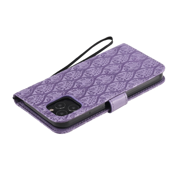 For iPhone 12 / 12 Pro Pressed Printing Rattan Flower Pattern Horizontal Flip PU Leather Case with Holder & Card Slots & Wallet & Photo Frame