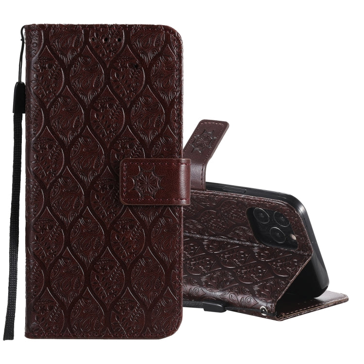 For iPhone 12 / 12 Pro Pressed Printing Rattan Flower Pattern Horizontal Flip PU Leather Case with Holder & Card Slots & Wallet & Photo Frame