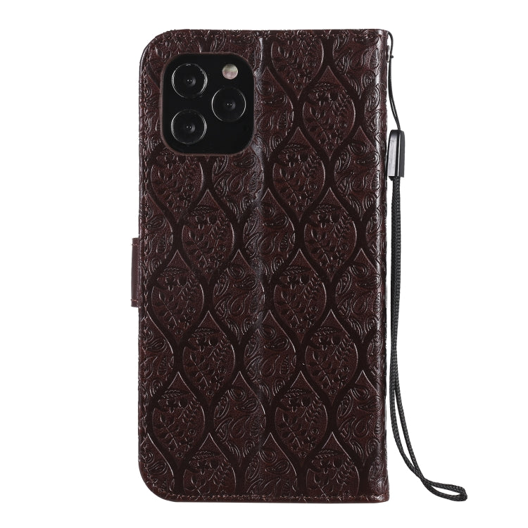 For iPhone 12 / 12 Pro Pressed Printing Rattan Flower Pattern Horizontal Flip PU Leather Case with Holder & Card Slots & Wallet & Photo Frame
