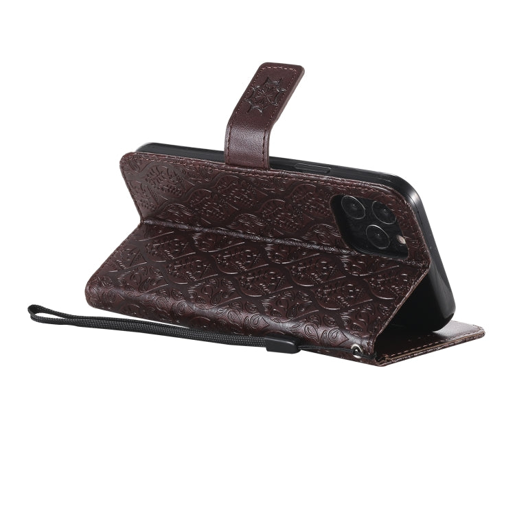 For iPhone 12 / 12 Pro Pressed Printing Rattan Flower Pattern Horizontal Flip PU Leather Case with Holder & Card Slots & Wallet & Photo Frame